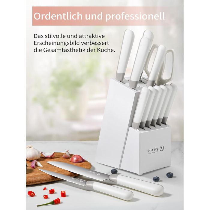 Набір кухонних ножів Qianying з блоком: 14 предметів, нержавіюча сталь, з точилкою, срібний колір, подарунок для мами