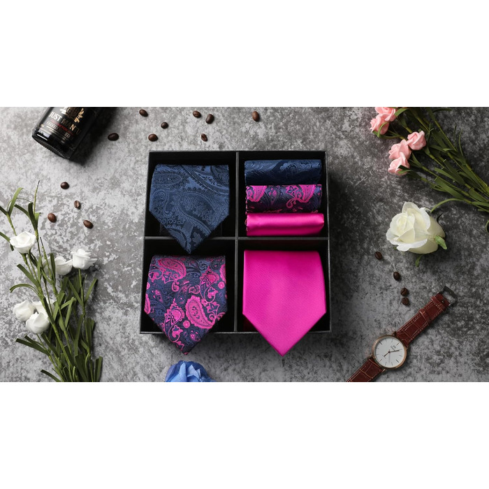HISDERN Комплект краваток для чоловіків (3 шт.) Класичні, елегантні краватки та нагрудний хустинка з шовку. Ідеально для весіль та свят. Універсальний розмір.