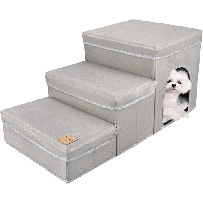 3-Step Dog Stairs, Foldable Pet Stairs for Sofa & Bed, Removable Pet Stairs Folding with Storage Box, Multifunctional Pet Ladder for Small Dogs Cats (Gray)