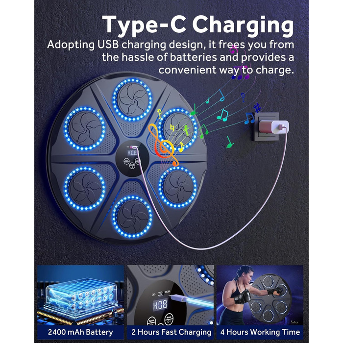 Музична бокс-машина YORRAKA для дорослих з LED-підсвіткою та Bluetooth - бокс-тренажер з 12 режимів швидкості та підрахунку ударів