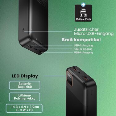 Повербанк PATONA Premium 20000mAh 22.5W PD з Li-Polymer батареєю, швидка зарядка, USB-C та 2x USB-A, 74Wh