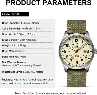 Годинник чоловічий LN LENQIN Military 30M водонепроникні, аналогові кварцові годинники з датою, нейлоновий ремінь, тактичний спортивний годинник (06- світло-зелений сріблястий жовтий)