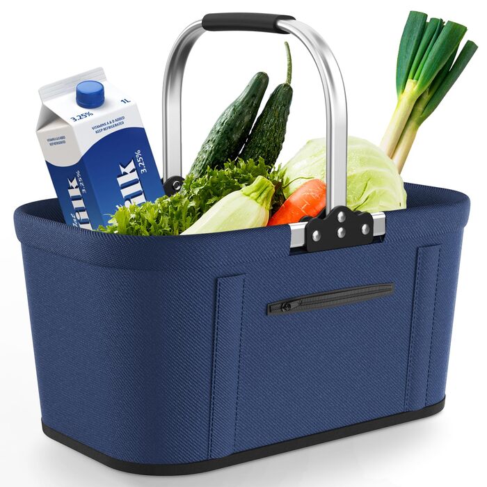 Складаний кошик для покупок на 30 літрів з 4 стійками | Міцний кошик для перенесення та пікнік | Великий кошик для сім'ї (46x27x25см) | З м'якими ручками | Для покупок, подорожей, кемпінгу (30л, Синій)