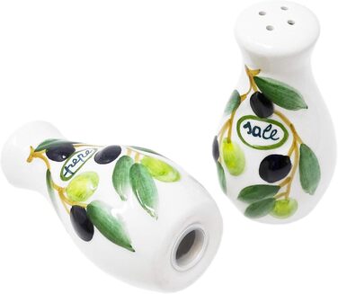 Handmade salt and pepper shaker set from Italian ceramic, 3-piece in olive green design with tray, size 14x8 cm