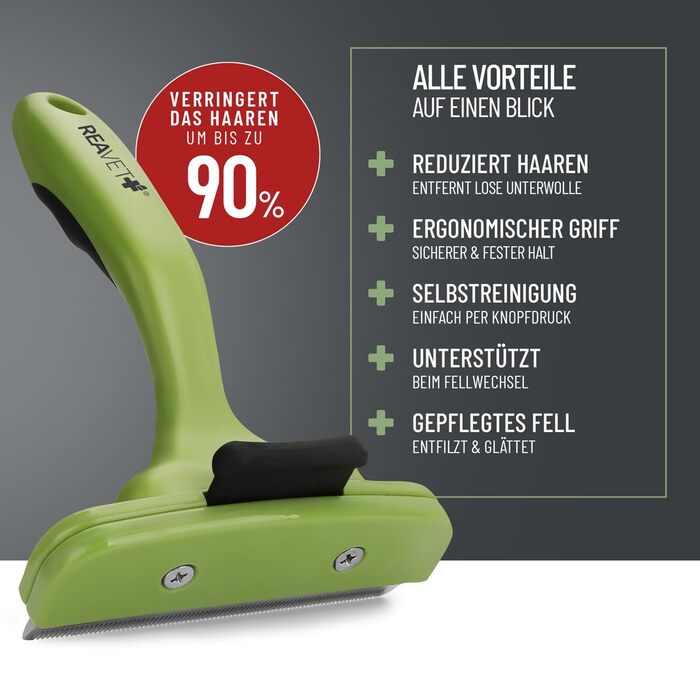 Гребінець для видалення підшерстя ReaVET для собак та котів з короткою шерстю, середніх порід. Видаляє підшерстя, доглядає за верхнім шаром шерсті, з кнопкою самоочищення. Ідеальний для сезонного линяння. (Великий, L)