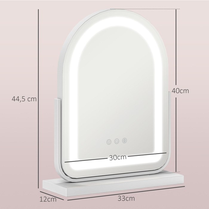 Дзеркало для макіяжу HOMCOM, 33 x 44,5 см, з LED-підсвіткою, 3 кольори світла, 360° обертання, дзеркало для макіяжу з сенсорним керуванням, металевий каркас, біле | Aosom