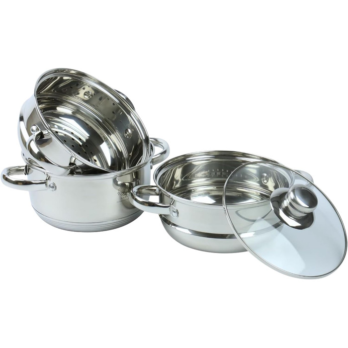 Пароварка Karl Hausmann 2.4L з нержавіючої сталі, 18 см, срібна. Ідеальна для приготування на пару, включає вставку для приготування картоплі та інших овочів. Підходить для індукційних плит.