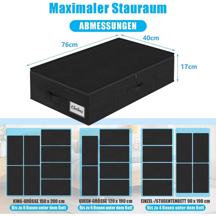 Коробки для зберігання під ліжко з кришкою, 2 шт, складані, для одягу та ковдр, 76x38x17 см (Чорний)