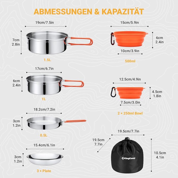 Набір посуду для кемпінгу KingCamp на 2-4 особи: нержавіюча сталь, складане приладдя, ультралегкий набір каструль та сковорідок для кемпінгу