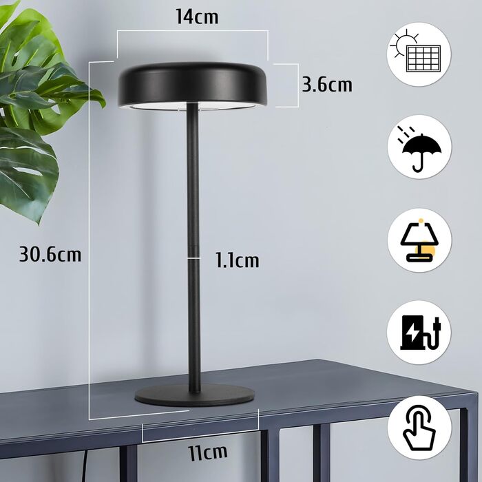 Настільна лампа на сонячній батареї з акумулятором LED, 2 шт. Чорна - Бездротова, сенсорна, димована, USB зарядка, IP44 для дому та вулиці