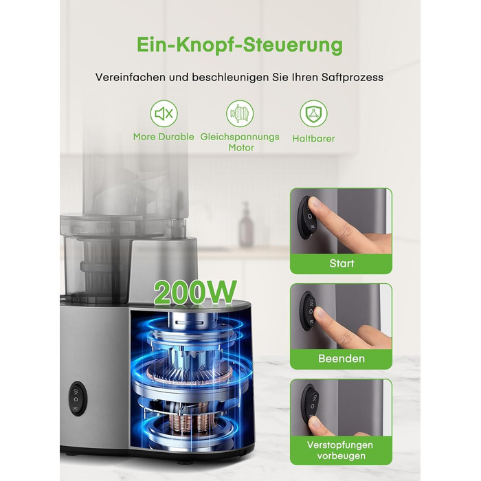 FOHERE Slow Juicer, Vegetable and Fruit Extractor, 119MM Opening, Electric Cold Press with Quiet 200 Watt Motor, Easy to Clean with Double-Layer Filter and Reverse Function