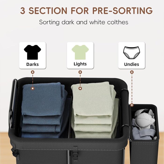Bomclap Laundry Basket with Wheels, 150L Large Laundry Collector with an 8L Storage Basket, 2-Piece Metal Frame Laundry Basket with Handle for Laundry Room, Dorm, Bathroom, Bedroom, Black
