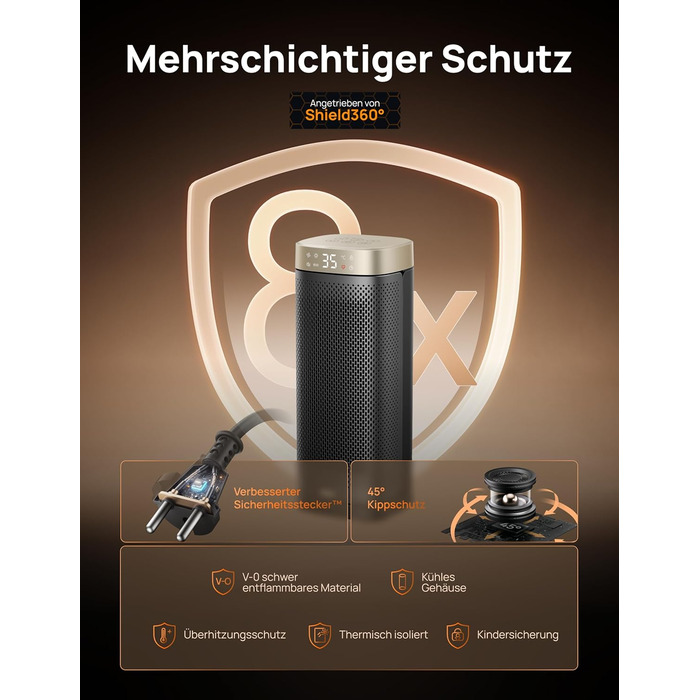 Електричний обігрівач DREO Solaris Slim H2, 2000W, керамічний, з термостатом, таймером, осциляцією, захистом від перегріву та нахилу, золотий