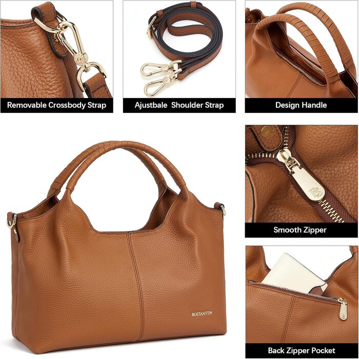 Сумка жіноча BOSTANTEN шкіряна шопер Hobo через плече з регульованим ременем, коричнева