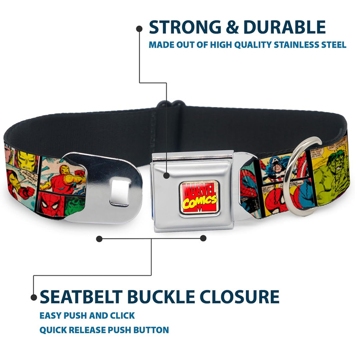 Нашийник для собак Buckle-Down Marvel Retro Comic Panels - чорний/жовтий, ширина 2.5 см, для шиї 38-66 см