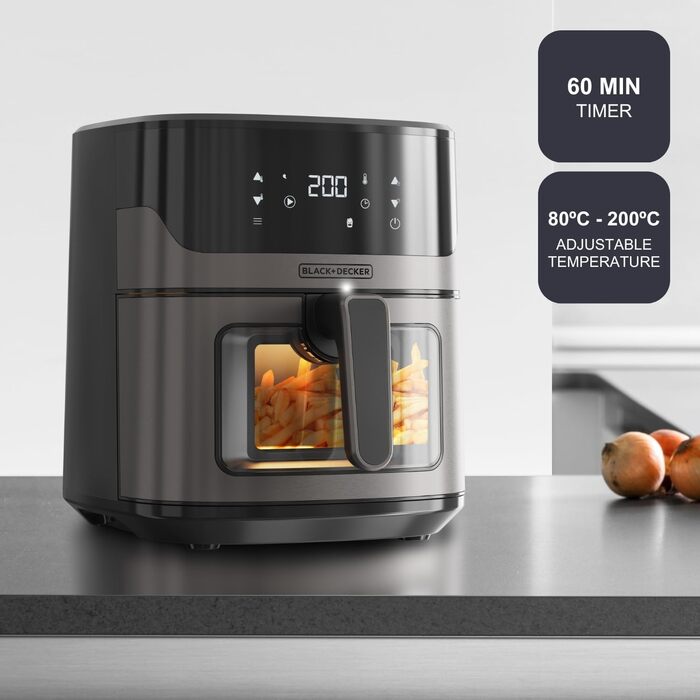 Фритюрниця повітряна BLACK+DECKER BXAF6500E, 1600W, 6.5л, 1300г картоплі фрі, 8 програм, регулювання температури 80-220°C