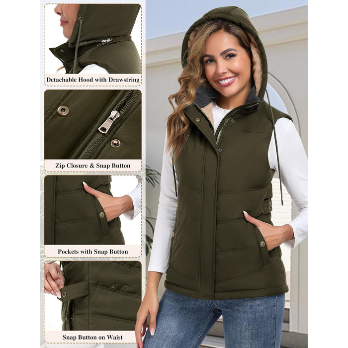 Жіноча жилетка Tuopuda з капюшоном, стеганий фліс, тепла зимова куртка без рукавів, термо жилетка з коміром-стійкою, на блискавці, осінь/зима (армійний зелений, XL)