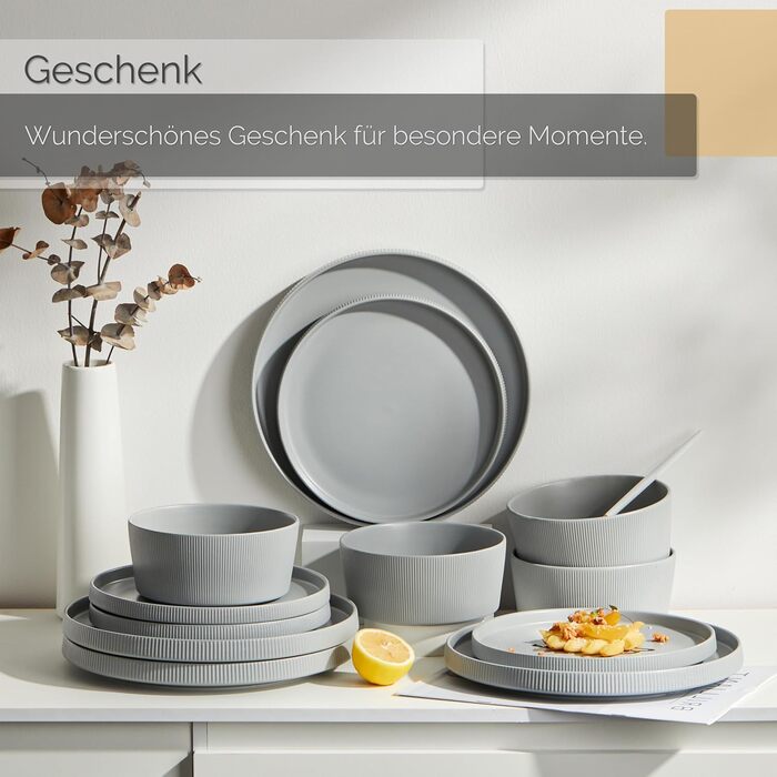 Набір посуду Jiwoo для 4 осіб (12 предметів): тарілки, десертні тарілки, супові миски. Bone China, матовий сірий колір, для мікрохвильовки та посудомийної машини