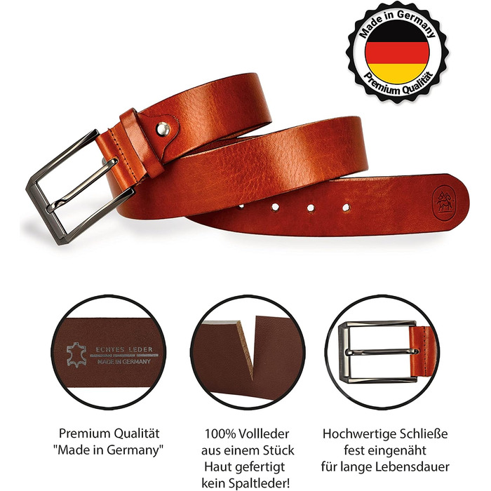 Шкіряний ремінь чоловічий Premium Made in Germany, натуральна шкіра, 40мм, 130см, колір коньячний (у подарунковій коробці)