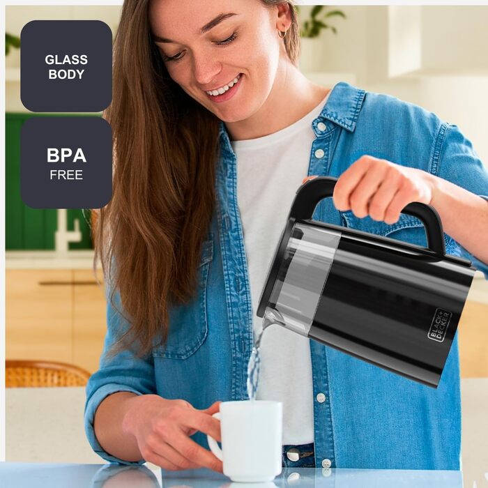 Електричний чайник BLACK+DECKER BXKE2202E 2200W 1.2L з поворотним підставою 360°C, для лівшів, з ергономічною ручкою, автовимкненням, індикатором рівня води та кнопкою відкриття