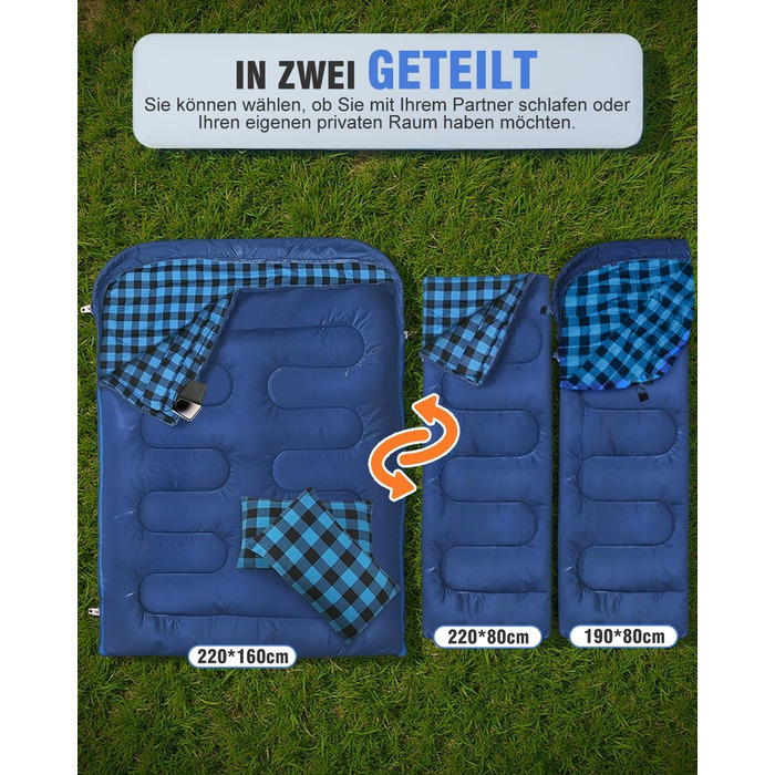 Спальний мішок для двох осіб з фланелі, 220 x 160 см, Outdoor, з двома подушками та сумкою для перенесення, блакитний