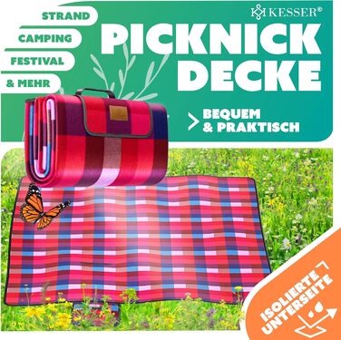 Плед для пікніка KESSER XXL 200x200 см, водонепроникний, з ручкою, червоно-бірюзовий. Плед для кемпінгу, пляжу на 4-6 осіб