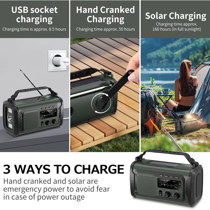 Радіо на сонячній батареї та ручному приводі 27000mAh з Bluetooth, FM/AM, SOS сигналом, динаміком та підключенням для навушників (Зелений)