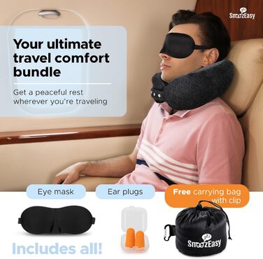Подушка для шиї SnoozEasy™ для дорослих | Подушка для подорожей на літаку з memory foam | Регульована подушка з маскою для очей, навушниками, сумкою та карабіном | Бренд UK