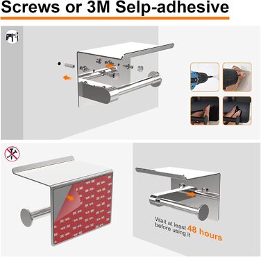 Тримач туалетного паперу Ibergrif з 2 способами монтажу, без свердління, з полицею, нержавіюча сталь, сріблястий