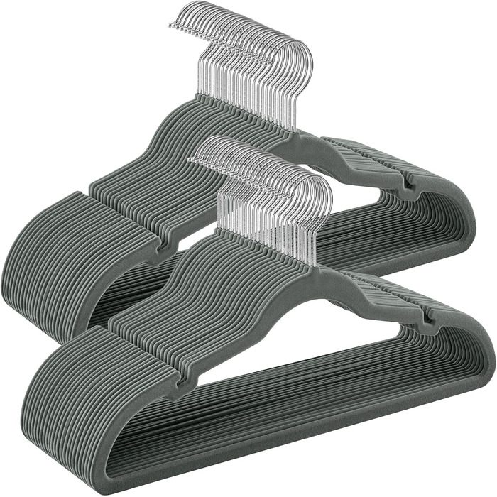 Набір вішалок SONGMICS 50 шт. для одягу, сірі, з неслизьким покриттям, з перекладиною для штанів, 360° обертовий гачок, тонкі, 43 см