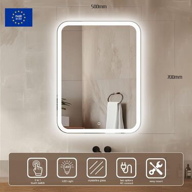 Дзеркало для ванної кімнати Venti 50x70 см з підсвічуванням та сенсорним вимикачем