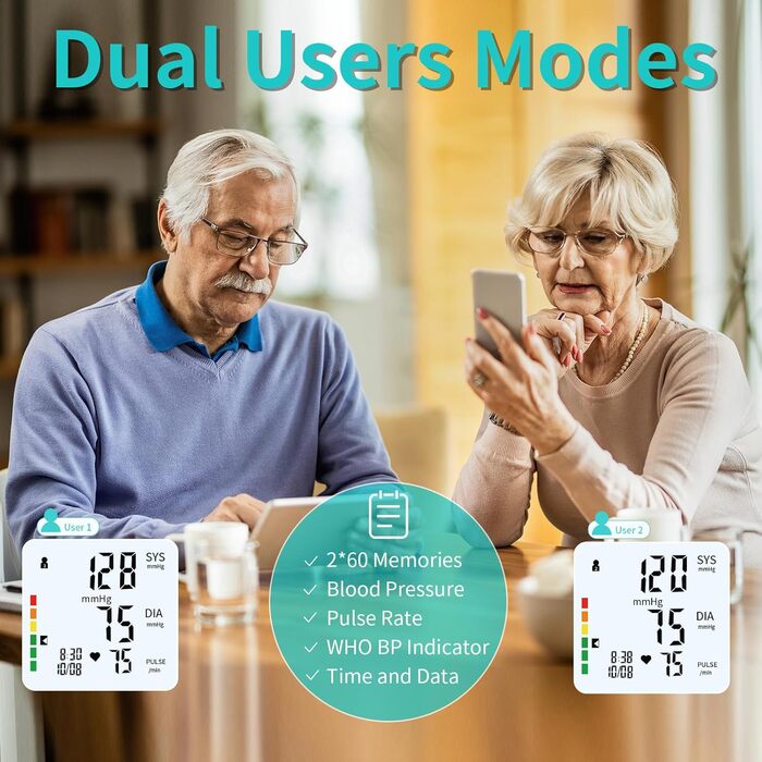 Тонометр EUROPAPA на плече для дому, вимірювання пульсу та артеріального тиску, велика манжета (22-42 см), 2 * 60 пам'ять, для 2 користувачів (чорний)