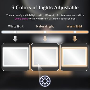 Дзеркало для ванної кімнати Clevich з підсвічуванням 70x50 см, LED дзеркало з 3 кольорами світла, регульована яскравість, захисне скло, сенсорне управління, функція пам'яті, запобігання запотіванню, 80x60 см