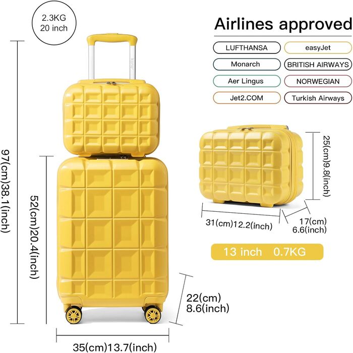 Набір валіз KONO 2 в 1: велика валіза (54 см) та косметичка (жовтий)