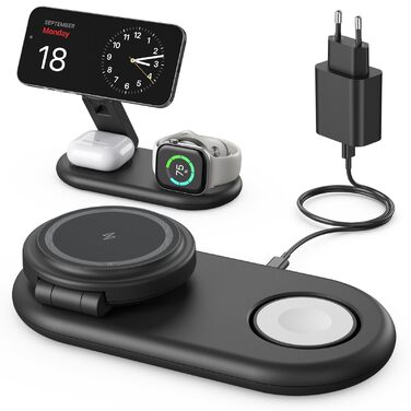 Магнітна зарядна станція 3-в-1 для Apple Watch, iPhone 15/14/13/12/17/16 та AirPods Pro - Чорна