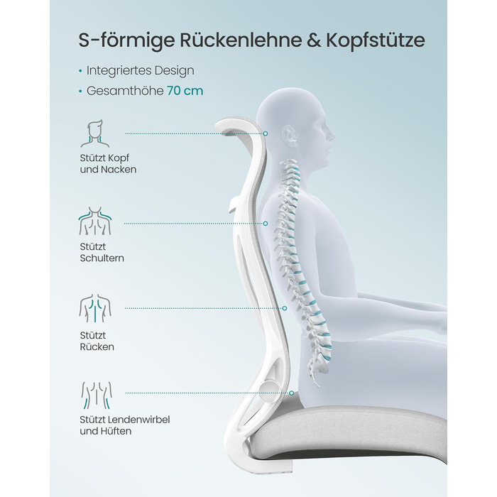 Офісний стіл SONGMICS, ергономічне крісло з регульованою спинкою, підлокітниками та підголівником, до 150 кг, сірий (OBN088B01)
