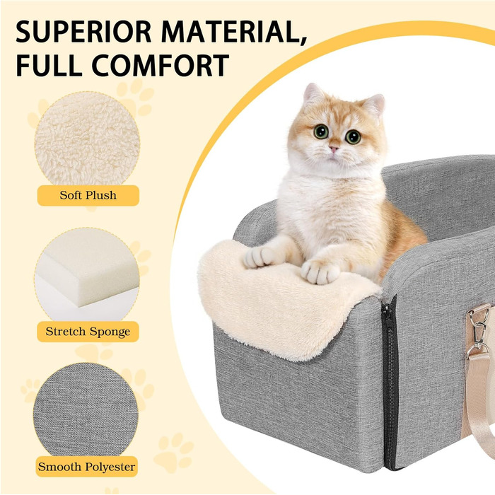 Автокрісло для собак VavoPaw: зручне ліжко для маленьких собак та котів (до 5.5 кг), сіре, універсальна консоль