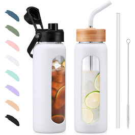 BLUEGO Glass Water Bottle - Sport Water Bottle with 2 Lids and Straw Leak-proof Glass Bottle with Time Marker and Measurement Scale BPA Free, (White, 700 ml)