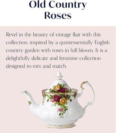 Чайний сервіз Royal Albert Old Country Roses на 4 персони, порцеляна Bone China, середній розмір, квітковий візерунок, чайник 0,8 л, вінтажний подарунковий набір