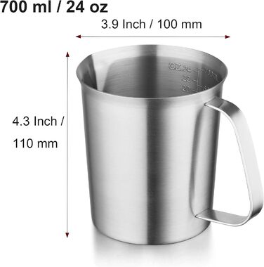 CURTA stainless steel measuring cup, 700 ml measuring cup, milk frothing cup, with markings for ml, oz, and cup.