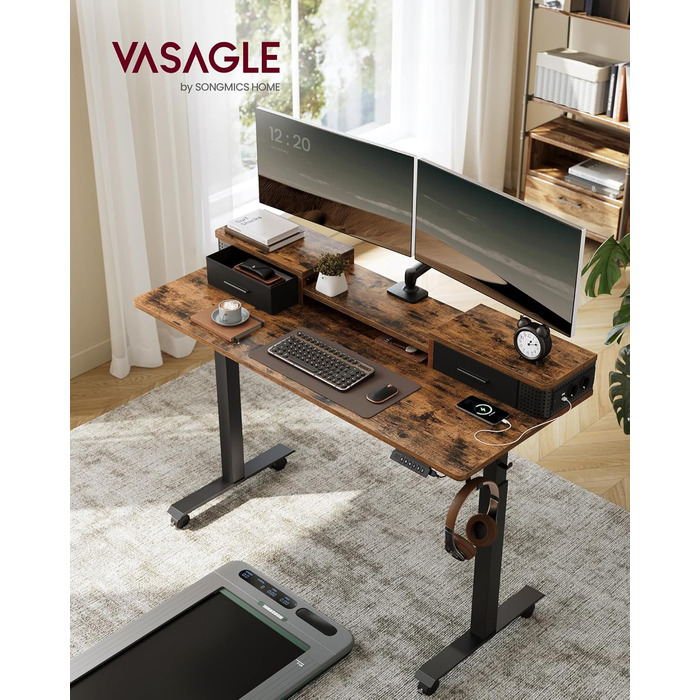 Електричний регульований стіл VASAGLE 140x60 см, vintage brown, з підставкою для монітора, розетками, гачками, пам'яттю висоти