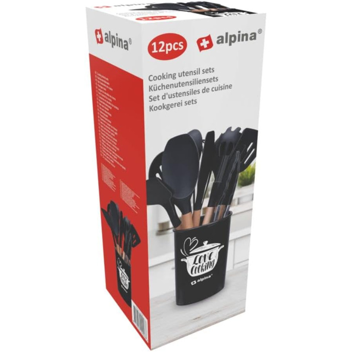 Набір кухонних аксесуарів Alpina 7 предметів з поворотним підставкою – кухонні інструменти, силіконовий набір посуду для приготування їжі (чорний)