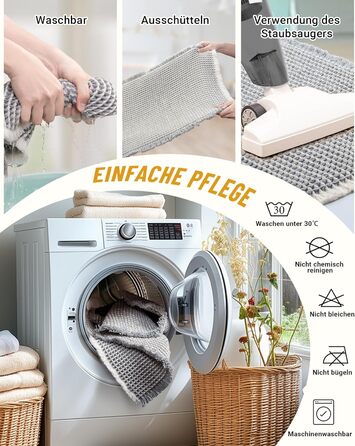 Boho Bathroom Rug Set - Non-Slip Bath Mats (2-Piece) - Washable Shower Rugs for Bathroom, Bedroom, Living Room - 51x120cm + 41x61cm (Gray & White)