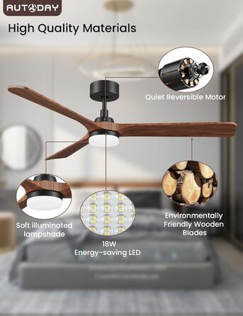 Стеляний вентилятор з дерева з підсвічуванням, 90 см, тихий DC-двигун, 6 швидкостей, пульт з пам'яттю, таймер, 24W LED, регулювання яскравості