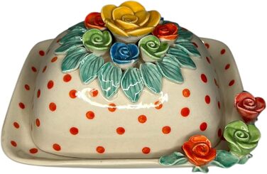 Ceramic Butter Dish with Lid, Colorful, Hand-Painted (Polka Dot Roses)