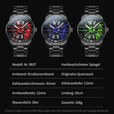 Чоловічий годинник OLEVS Quartz (9937 Blau) — Спортивний сталевий годинник з дизайном автоколеса, водонепроникний, з підсвічуванням циферблата