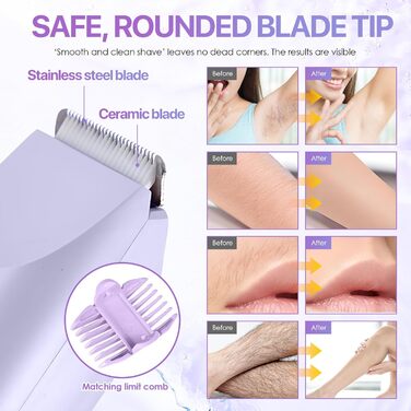 Триммер для бікіні RoserRose 2-в-1 для жінок з LED дисплеєм, водонепроникний (IPX7), Type-C зарядка, набір для догляду за інтимною зоною (фіолетовий)