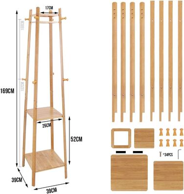 Bamboo Clothes Rack Coat Stand with 8 Hooks and 3 Shelves for Shoes, Hats, and Scarves, for Hallway, Living Room, and Guest Room