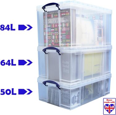 Really Useful Box 2-Pack, 64 Liter, for Organizing and Storing, 710 x 440 x 310 mm, transparent (Single)