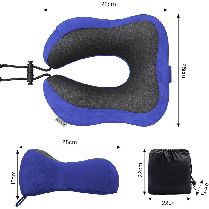 Подушка для шиї у подорожах: автомобільна, для літака, з memory foam, м'який велюровий чохол, для дорослих, для офісу, дому (Темно-синій)